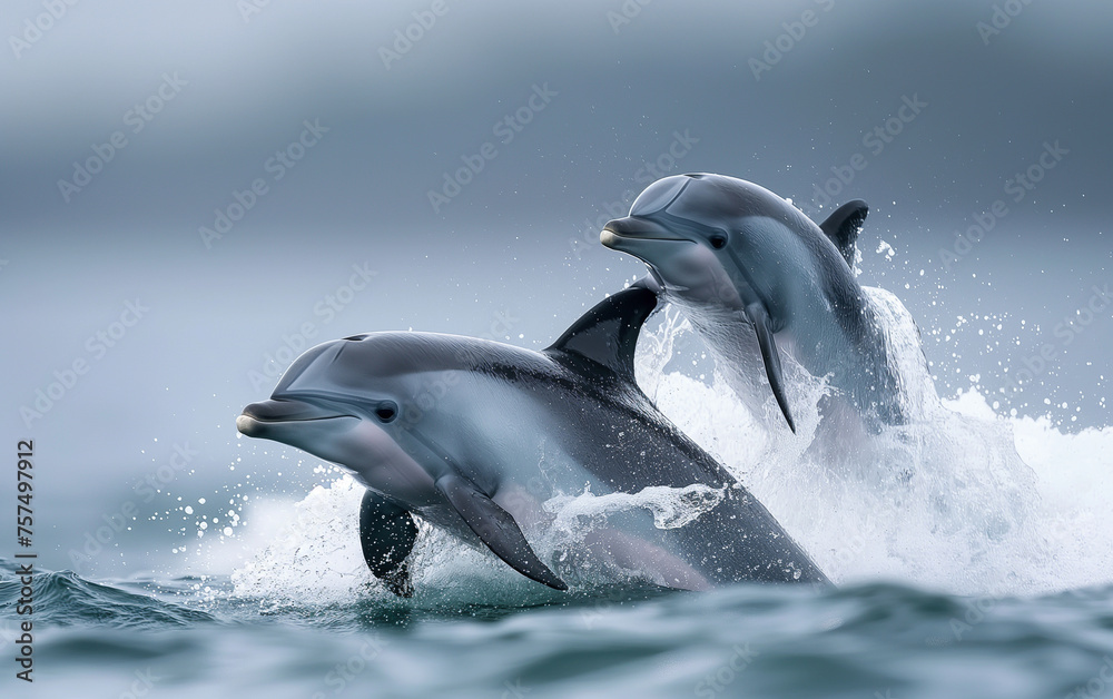 Fototapeta premium Dolphins swimming in the ocean. Generative AI