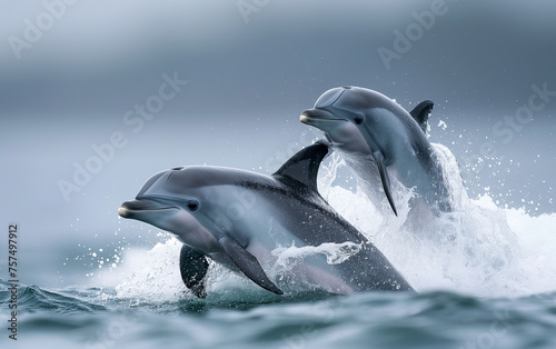 Dolphins swimming in the ocean. Generative AI © Nipawan
