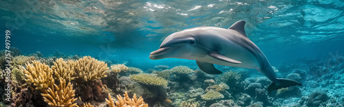 Dolphin in the ocean with coral. Generative AI © Nipawan