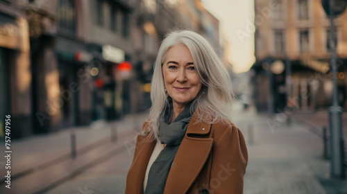 Mulher sénior de cabelos brancos na rua sorrindo photo