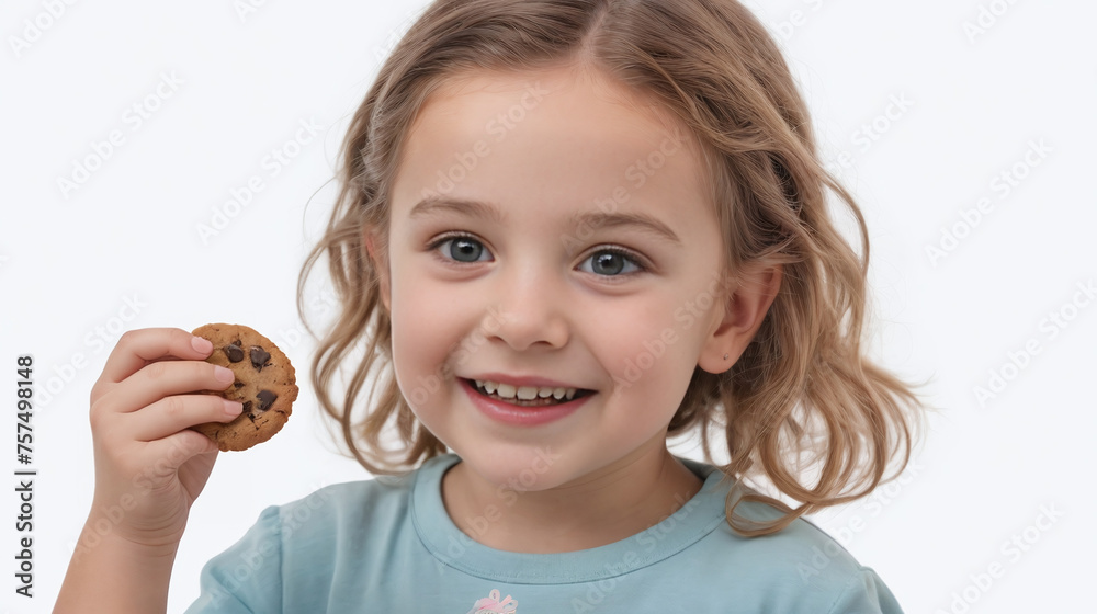 A Little girl holding a chocolate chip cookie, isolated on a white background, with copy space A Little girl holding a chocolate chip cookie, isolated on a white background, with copy space