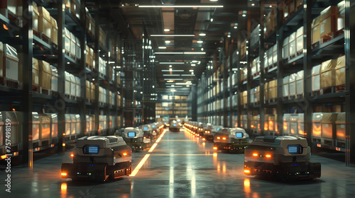 A state of the art logistic center buzzing with activity robots autonomously navigating aisles