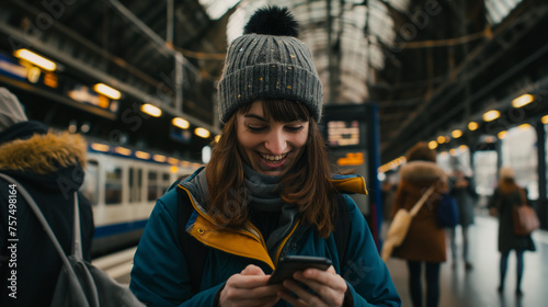 Mulher feliz usando o celular na estação de trem