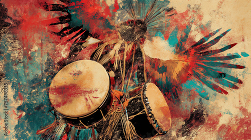abstract watercolor pow wow native american minimal style illustration drums and feathers. vintage grunge texture with  beautiful colors 