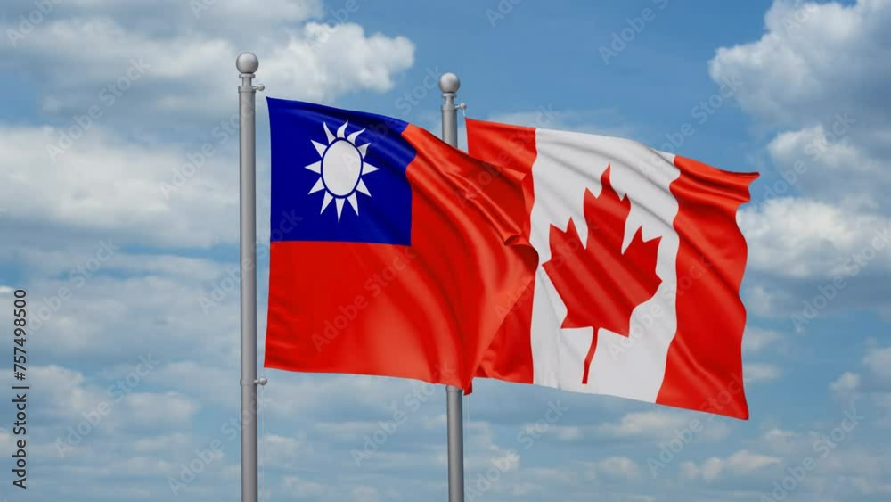 Canada and Taiwan two flags waving together, looped video, two country cooperation concept Canada and Taiwan two flags waving together, looped video, two country cooperation concept