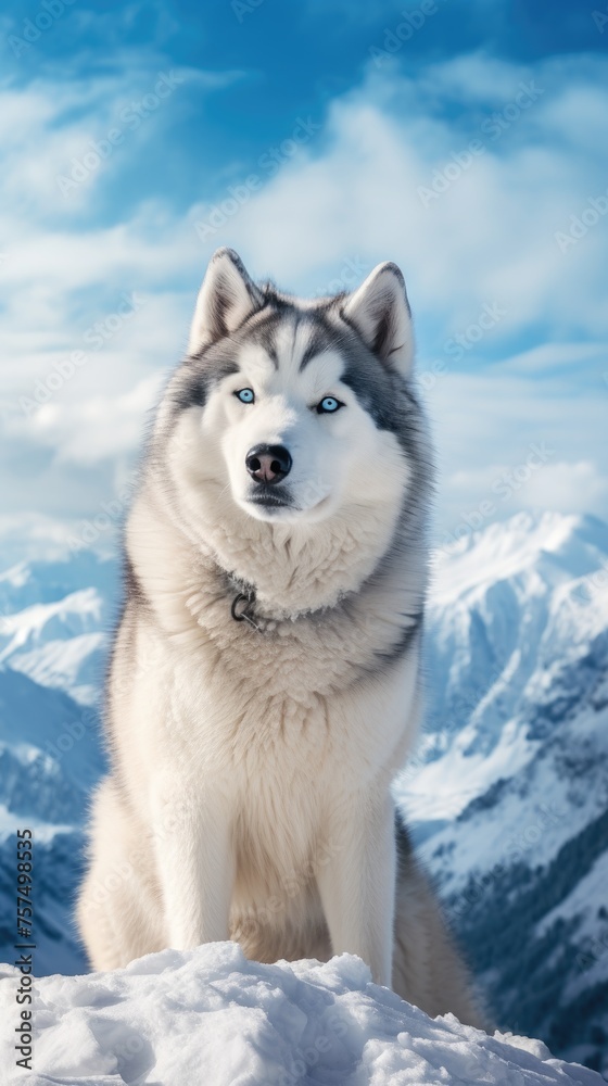 Portrait of a Siberian husky on the background of snowy mountains. Cute dog face.