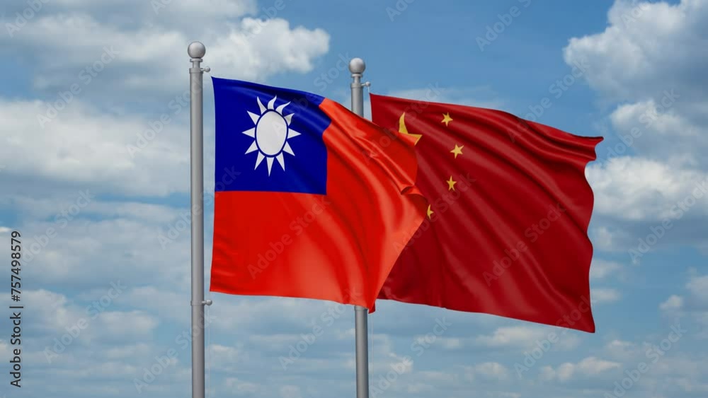 China and Taiwan two flags waving together, looped video, two country relations concept China and Taiwan two flags waving together, looped video, two country relations concept