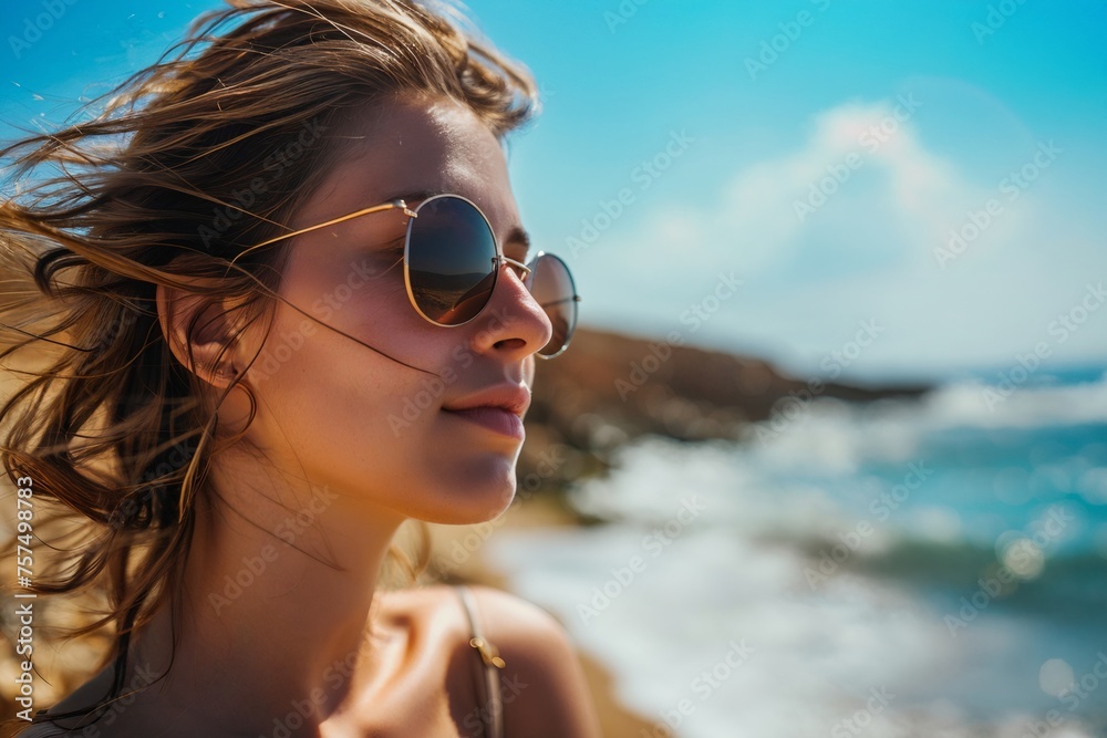 Beautiful blonde young woman on summer vacation at sunny day. Low angle view portrait of happy female person with sunglasses against blue sky and tropical sea background with mountains