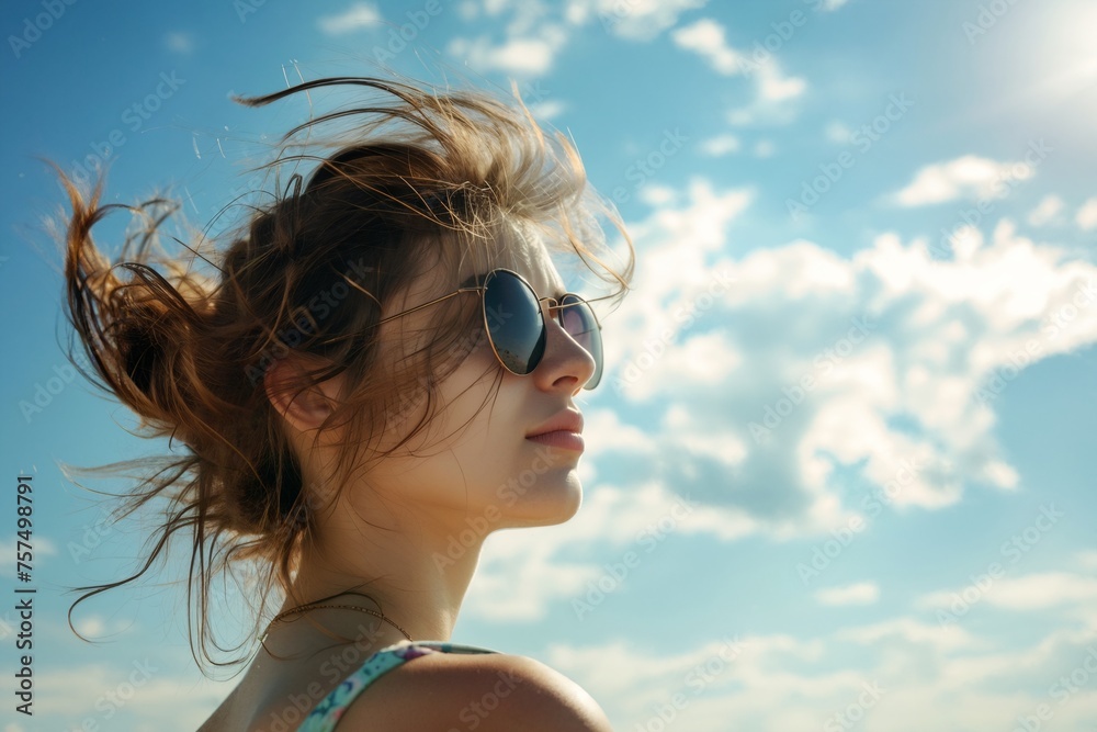 low angle view of Beautiful happy blonde woman wearing sunglasses, looking to the side outdoors against the blue sky at sunny summer day with cloudy sky. Sea Vacation concept low angle view of Beautiful happy blonde woman wearing sunglasses, looking to the side outdoors against the blue sky at sunny summer day with cloudy sky. Sea Vacation concept