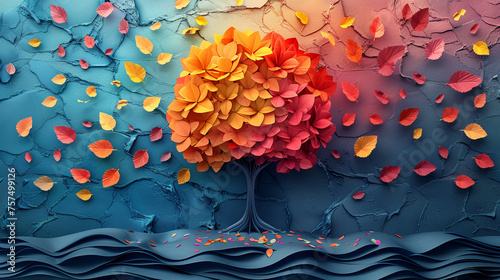 colorful tree with lots of leaves. 3d abstraction wallpaper . Floral tree with multicolor leaves. 