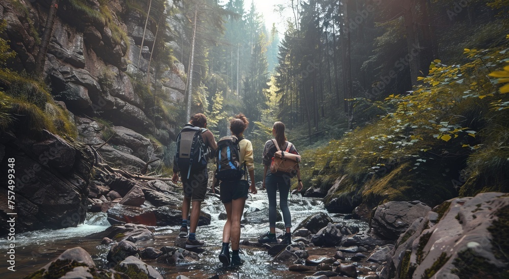friends travel together through the mountains and nature with backpacks - obrazy, fototapety, plakaty 
