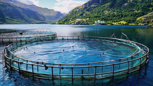 salmon fish farm aquaculture in ocean water.