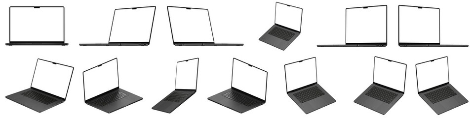 Realistic Laptop Bundle. Based on real image, 13 most popular angles. Transparent screen and isolated from background. Space Black Color, Highly Detailed. Realistic Laptop mockup set