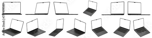 Realistic Laptop Bundle. Based on real image, 13 most popular angles. Transparent screen and isolated from background. Space Black Color, Highly Detailed. Realistic Laptop mockup set