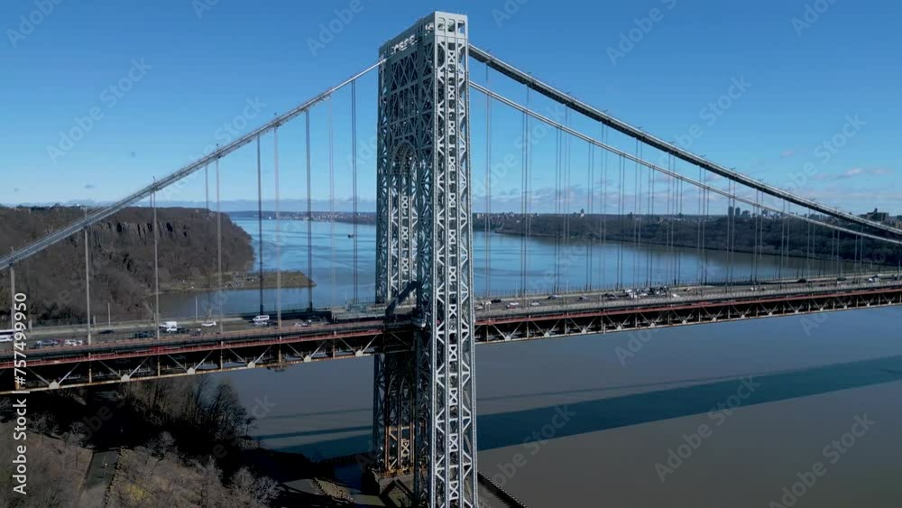 Aerial shot of George Washington Bridge with view along Hudson River, drone 4K Aerial shot of George Washington Bridge with view along Hudson River, drone 4K