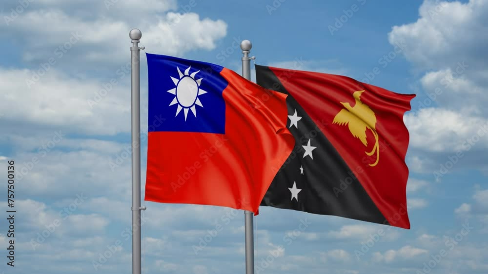 Papua New Guinea and Taiwan two flags waving together, looped video, two country relations concept Papua New Guinea and Taiwan two flags waving together, looped video, two country relations concept