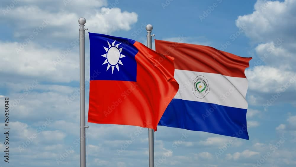 Paraguay and Taiwan two flags waving together, looped video, two country relations concept Paraguay and Taiwan two flags waving together, looped video, two country relations concept