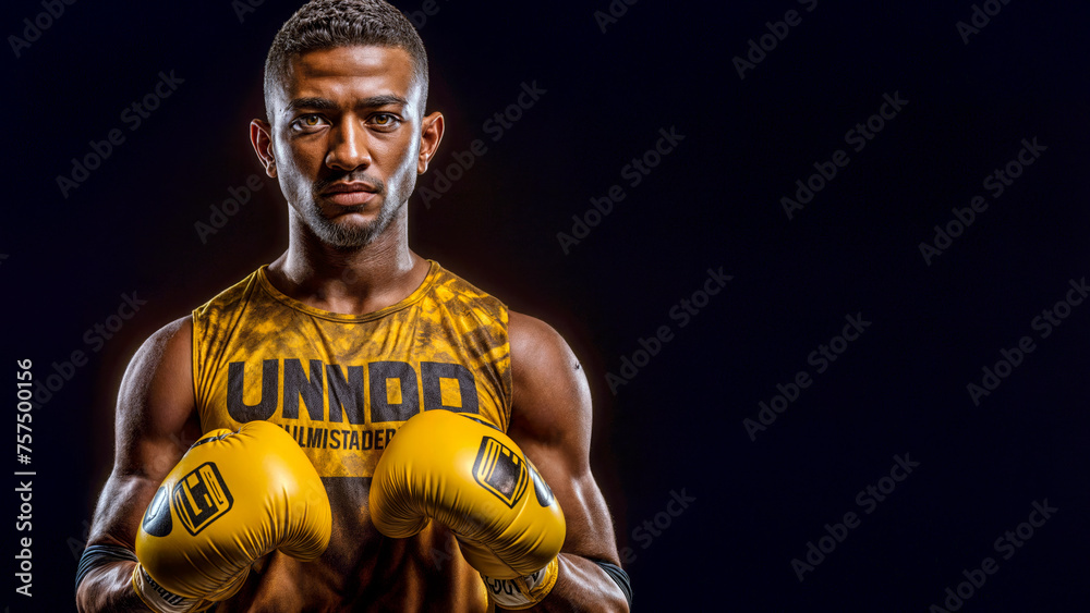 Determined African American Boxer Ready to Fight in a Dark Setting Determined African American Boxer Ready to Fight in a Dark Setting