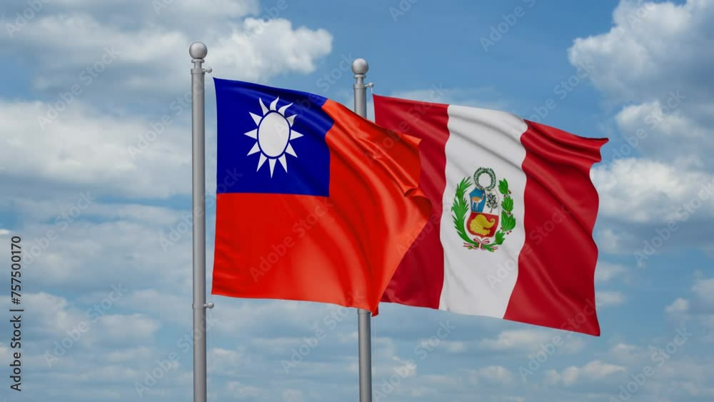 Peru and Taiwan two flags waving together, looped video, two country cooperation concept Peru and Taiwan two flags waving together, looped video, two country cooperation concept