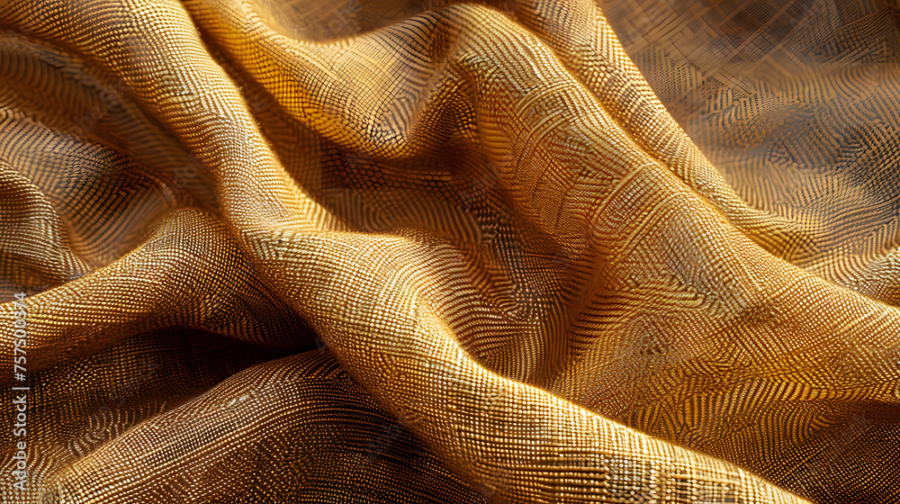 This 190-character image displays an elegant drape of golden textured fabric with light reflections creating a warm and luxurious appearance This 190-character image displays an elegant drape of golden textured fabric with light reflections creating a warm and luxurious appearance