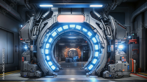 Futuristic Spacecraft Interior with Glowing Blue Portal and Sleek Sci-Fi Architecture