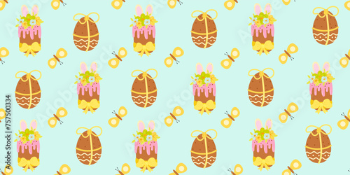 Cute hand drawn Easter seamless pattern with cakes, flowers, Easter eggs, beautiful background, great for Easter Cards, banner, textiles, wallpapers - vector design