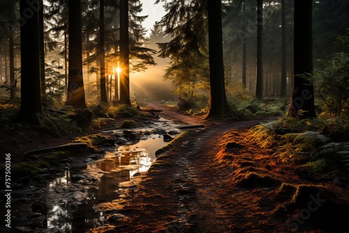Sunlight filters through trees on forest path, illuminating natural landscape