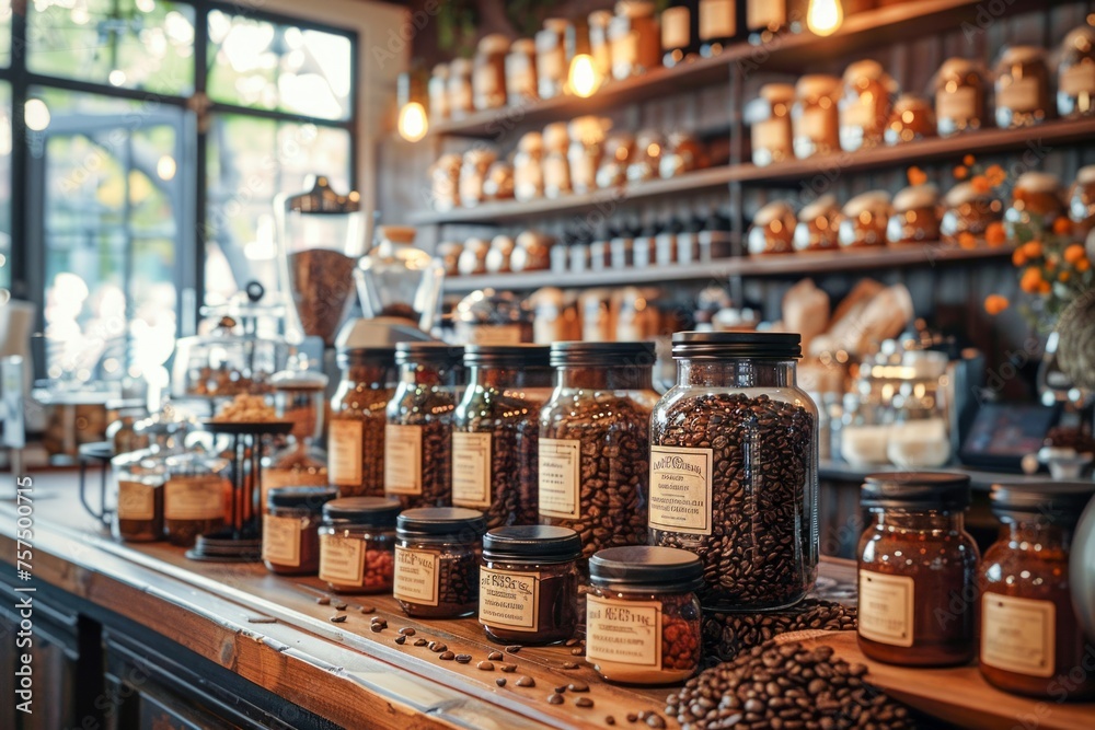 Jars of Coffee on Counter in Coffee Shop. Generative AI