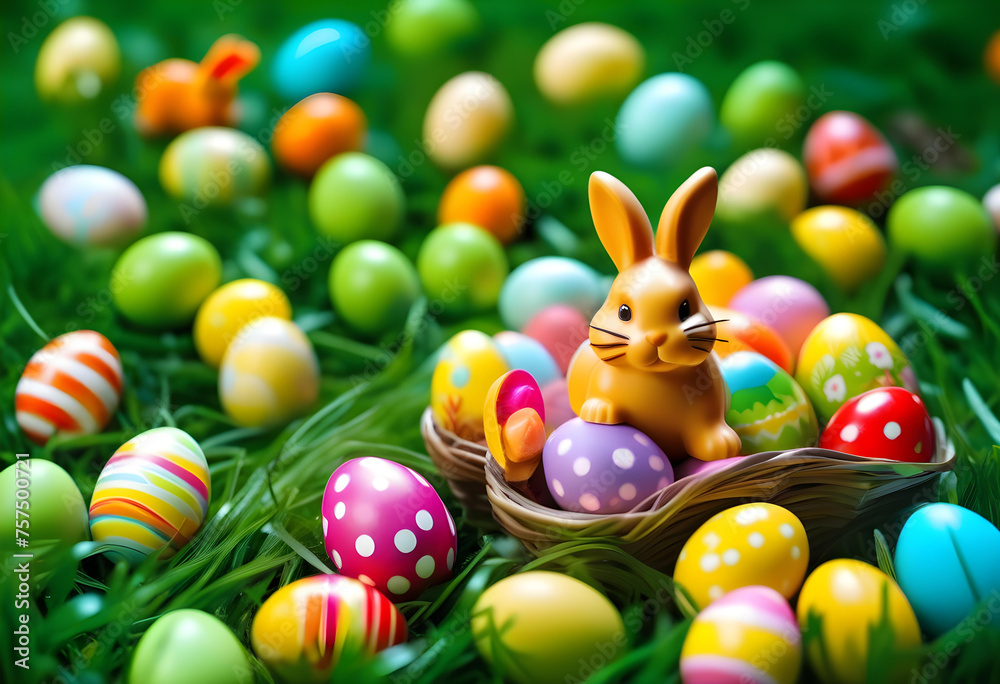 Easter egg hunting background. Various candy and chocolate Easter eggs, bunny