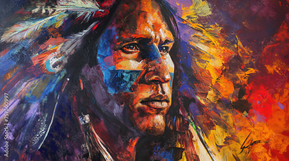 A colorful oil painting of a Native American Indian pow wow warriror with long hair and war paint, wearing a feather headdress in a closeup shot with  vibrant colors