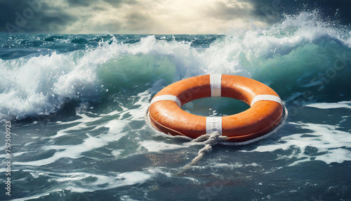 Lifebuoy floating in a stormy sea. Blue ocean water. World Rescue day concept.