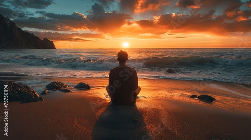 An individual in contemplation sits on a sandy beach, watching the sunset over the ocean for a peaceful evening.