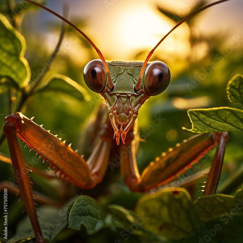 Micro Photography A compelling close-up of a praying mantis amidst a lush green foliage сreated with Generative Ai © Andrii Yablonskyi