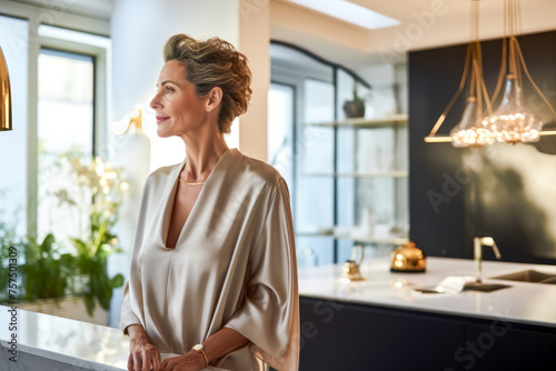 Sophisticated adult woman with short haircut, gold elegant necklace, wearing silk dress neutral color, on background of luxurious home interior. Concept of quiet luxury, modern aesthetic. Copy space photo