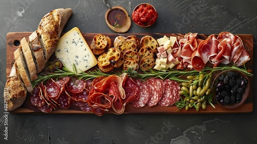 Elegant wooden charcuterie board filled with an assortment of meats, cheeses, and appetizers on a dark background.