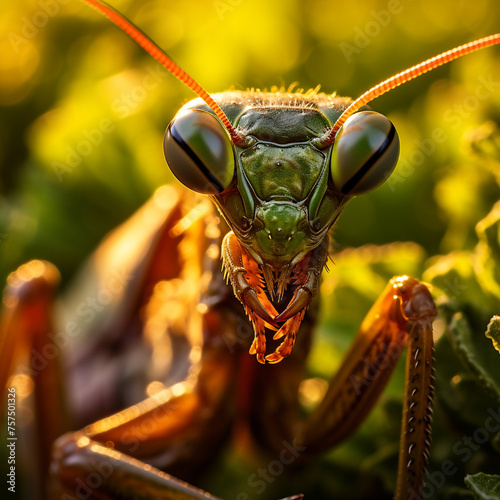 Micro Photography A compelling close-up of a praying mantis amidst a lush green foliage сreated with Generative Ai © Andrii Yablonskyi