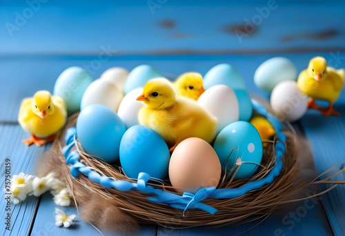 Banner. Blue, yellow, white eggs and yellow chicks on a blue wooden background