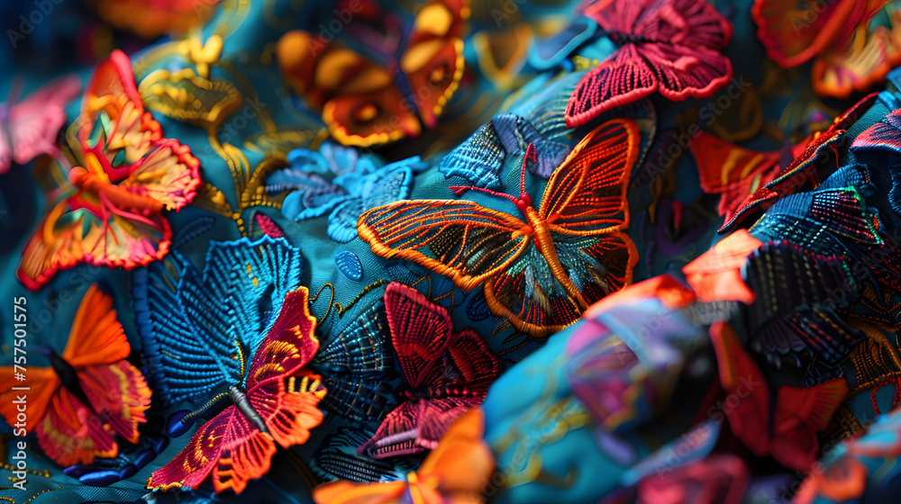Close-up shot of a colorful butterfly pattern with bright orange and red hues on a textured blue fabric background