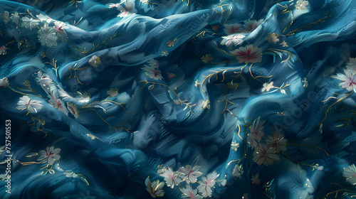 An enchanting blue fabric featuring delicate floral patterns with golden threads, exuding opulence and elegance