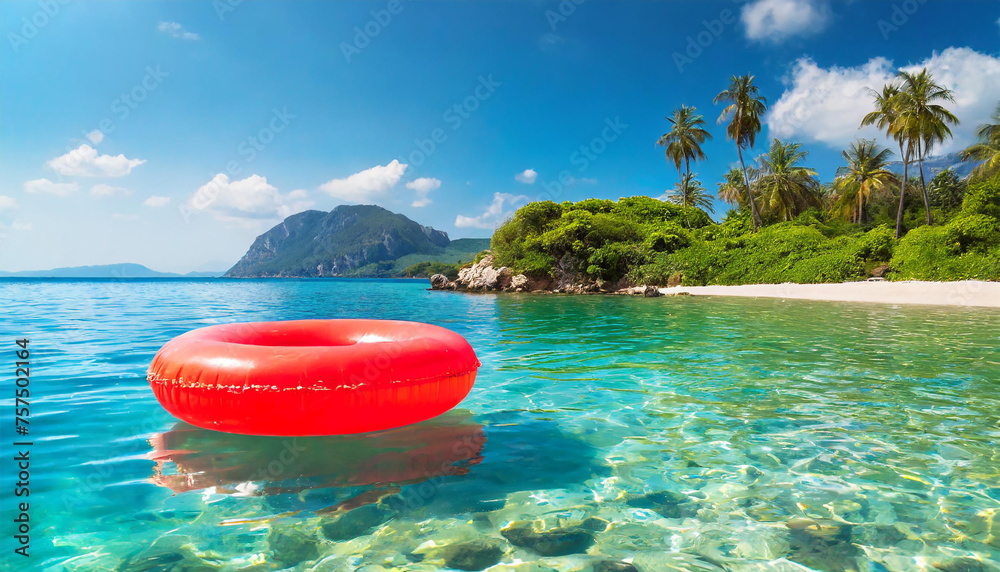 Red inflatable ring floating along sandy beach. Tropical sea coast. Summer vacation at the ocean. Red inflatable ring floating along sandy beach. Tropical sea coast. Summer vacation at the ocean.