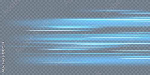 Horizontal light rays, flash blue horizontal lens flares pack, speed laser beams, glow blue line motion on transparent background, beautiful light flare, bright glare, vector illustration, eps 10