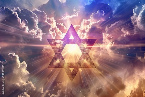 A photo of the Star of David in front of beautiful clouds with rays coming out from behind it. The background is a blue, purple and orange sky Generative AI photo