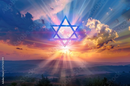 A majestic Star of David floating in the sky, surrounded by rays of light piercing through clouds, symbolizing hope and God's presence Generative AI photo