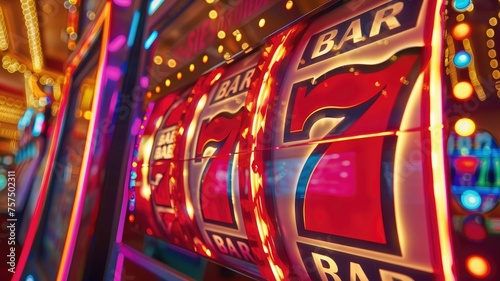 Close-up of slot machine reels with icons - Detailed view of slot machine showing the spinning reels with Bar and 7 icons, a symbol of chance