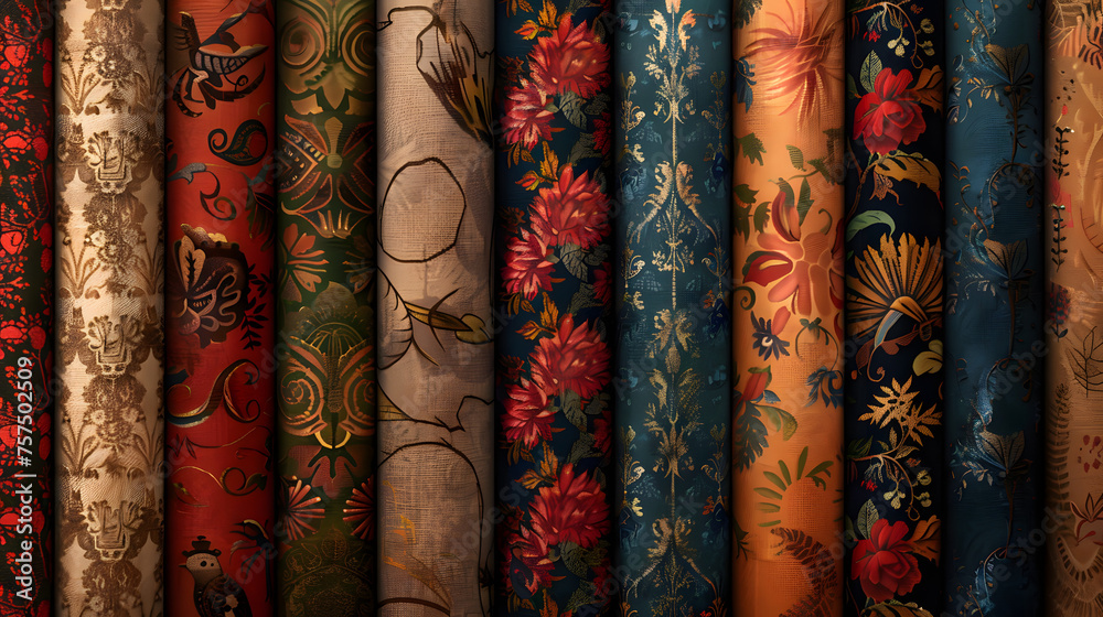 This image showcases a variety of fabric rolls with elegant floral designs, perfect for sophisticated decor This image showcases a variety of fabric rolls with elegant floral designs, perfect for sophisticated decor