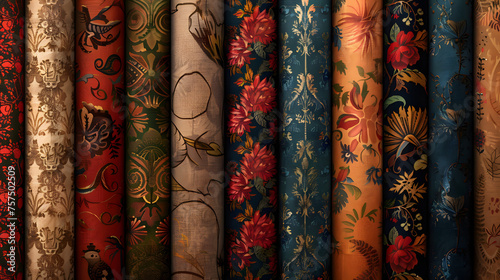 This image showcases a variety of fabric rolls with elegant floral designs, perfect for sophisticated decor