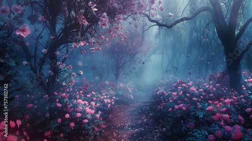  a dreamy illustration of a fantasy forest path, enveloped in mist and flanked by lush, vibrant pink flowers and mysterious, dark trees. photo
