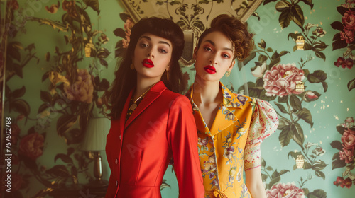  Two fashion models  adorned in striking vintage attire against a backdrop of retro wallpaper  exude a chic and nostalgic elegance. 