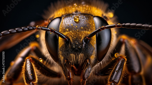 Micro Photography A compelling close-up of a bee, under the soft glow of the golden hour сreated with Generative Ai © Andrii Yablonskyi