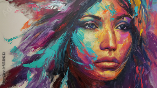  beautiful native american woman with long hair  colorful oil painting